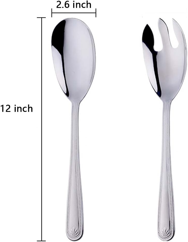 Large 12" Salad Servers Set Serving Spoon Spork 18/10 Stainless Steel - Silver
