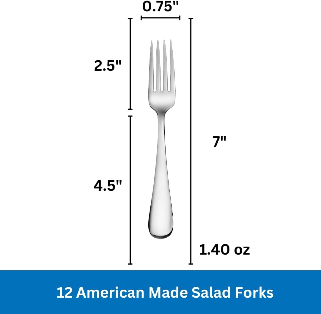 Salad Forks/Dessert Forks Made in USA Set of 12 18/10 Stainless Steel Flatware Mirror Finish Dishwasher Safe TAA HubZone  Buy American Compliant Annapolis Silverware Made by Sherrill Manufacturing