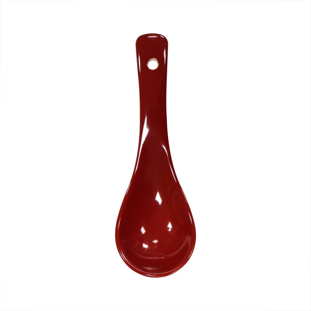 Dark Red 6 pcs Porcelain Soup Spoon Round-Bottom Asia Ceramic Rice Spoons Chinese Won Ton Spoons for Home Kitchen Restaurant