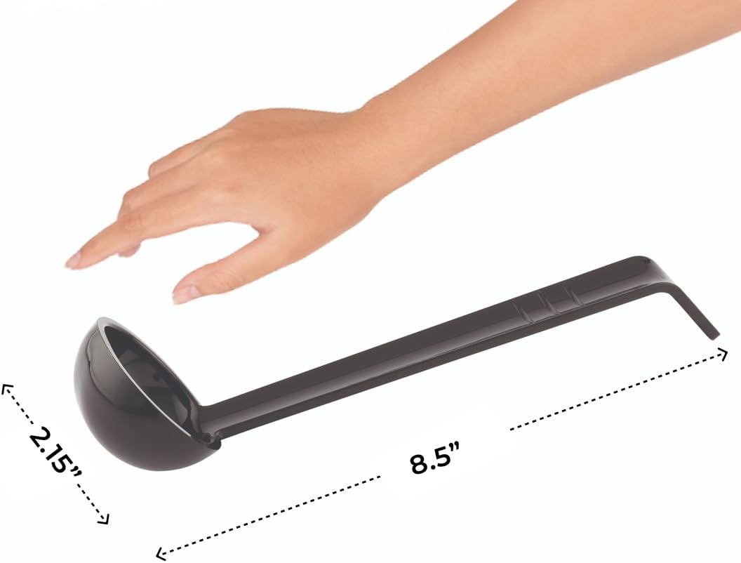 Restaurantware 1 Ounce Serving Ladle 1 Hook Handle Portion Ladle - Dishwasher-Safe Reusable Black Plastic Gravy Ladle For Stirring Pouring And Serving