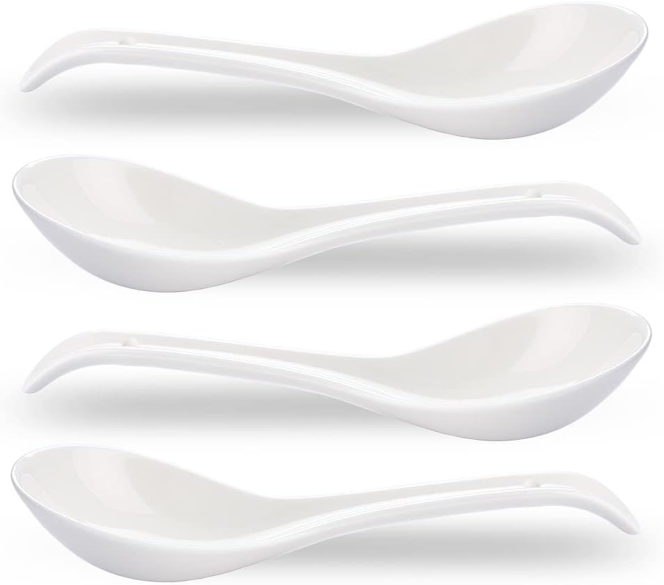 Asian Soup Spoons Set of 4  Ramen Spoons  Ceramic Spoons 6.6" Chinese/Japanese Soup Spoons for Pho  Cereal - Deep Oval Hook Design