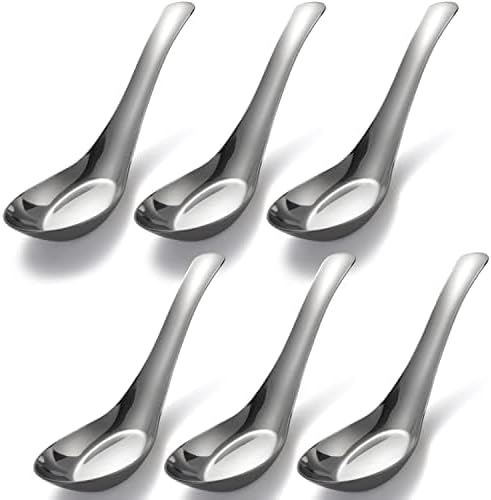 Soup Spoons Stainless Steel Dinner Spoons Set of 6 Chinese Soup Spoon Mirror Polished Asian Soup Spoons for Bouillon Dessert Cereal Thai Miso Ramen