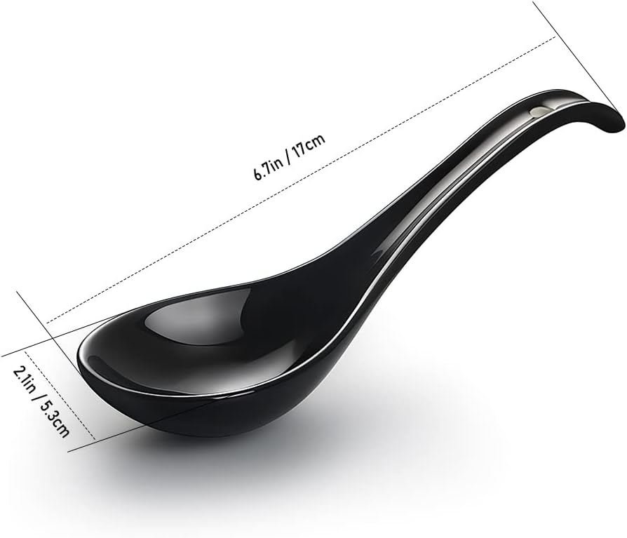 Asian Soup Spoons - YFWOOD 6.75 Inch Ceramic Ramen Spoon Black Chinese Soup Spoons With Deep Oval Hook Design Perfect for Pho Wonton Dumpling And Miso Soups Set Of 6