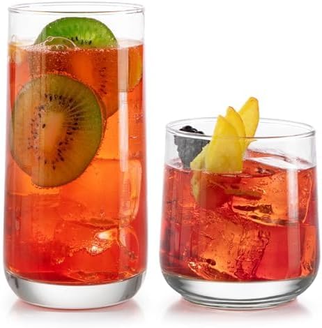 Libbey Ascent Tumbler and Rocks Drinking Glasses Set of 16  Glass Drinking Glasses with Curvature  Versatile Glassware Set for Parties and More