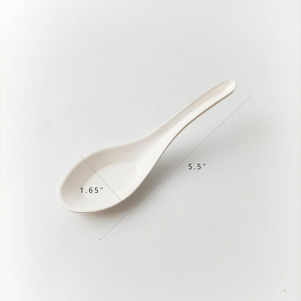 Eco Friendly Disposable Soup Spoons  Sugarcane Fiber Spoon  Healthy and Sturdy  5.5" Asian Soup Spoons  for Take-out Ramen Pho Noodles(50PCS)
