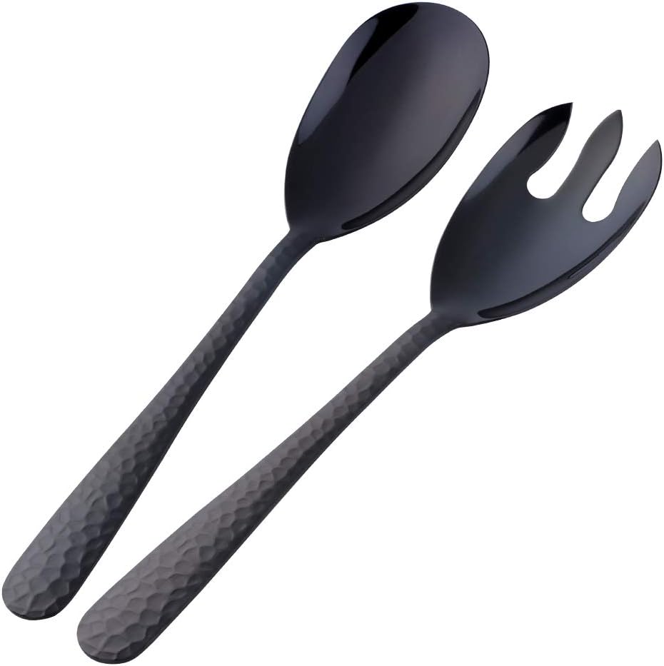 Salad Spoon and Fork Set  12 Inch Stainless Steel Salad Server  Black Serving Utensils  Dishwasher Safe  Pack of 2