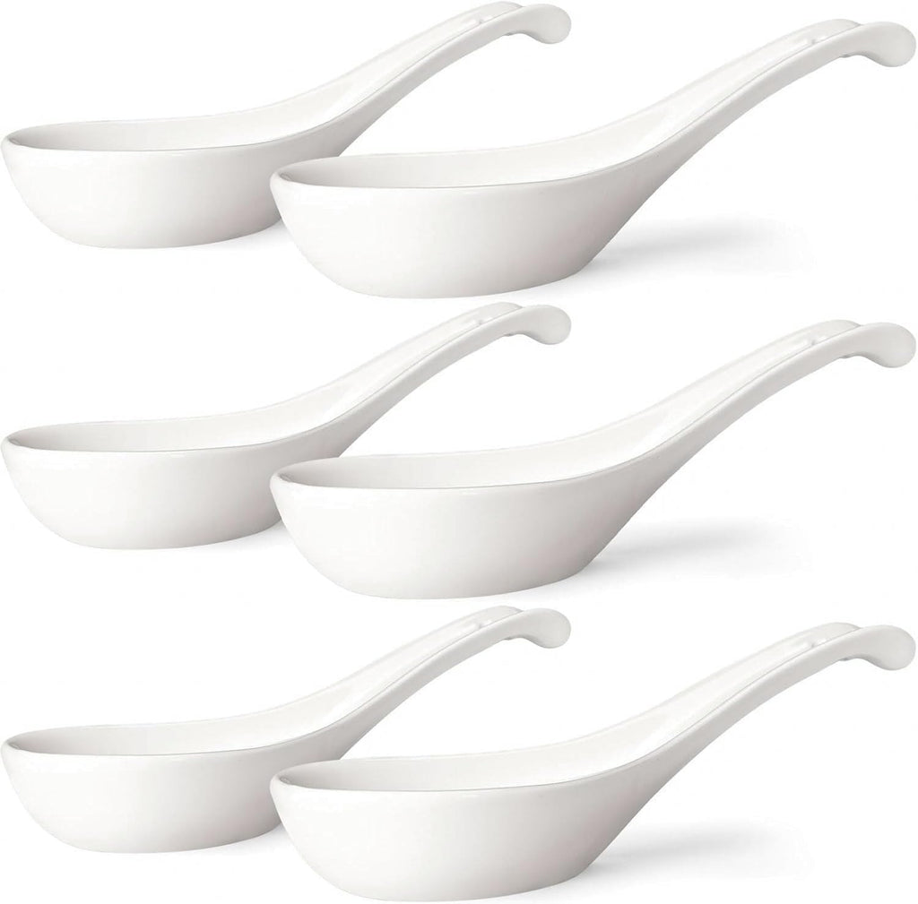 Asian Soup Spoons Set of 6  Ceramic Chinese Soup Spoons 7 Inch Japanese Spoon for Ramen Pho Dumpling Miso Wonton Noodles | Long Handle Flat Bottom Deep Oval Hook Design | White