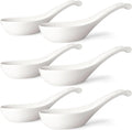 Asian Soup Spoons Set of 6  Ceramic Chinese Soup Spoons 7 Inch Japanese Spoon for Ramen Pho Dumpling Miso Wonton Noodles | Long Handle Flat Bottom Deep Oval Hook Design | White