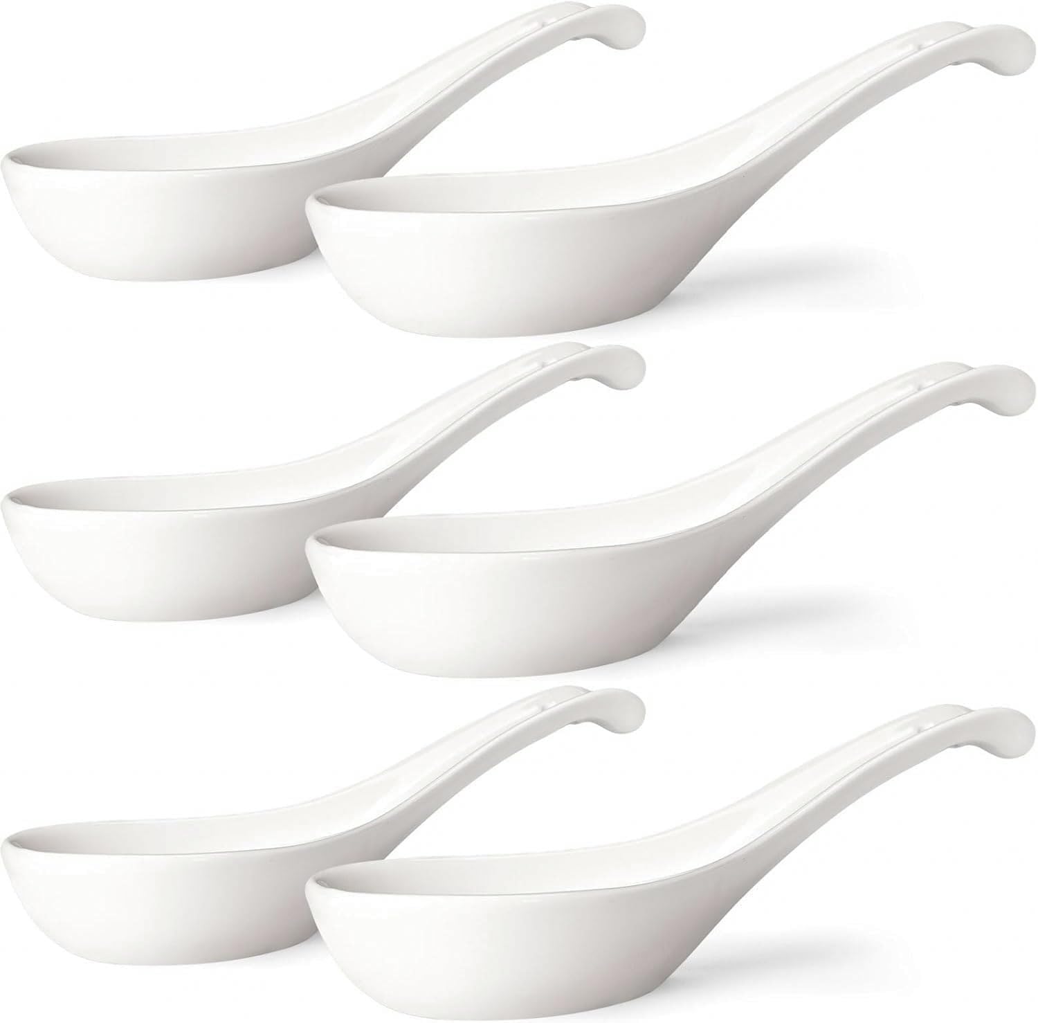 Asian Soup Spoons Set of 6  Ceramic Chinese Soup Spoons 7 Inch Japanese Spoon for Ramen Pho Dumpling Miso Wonton Noodles | Long Handle Flat Bottom Deep Oval Hook Design | White