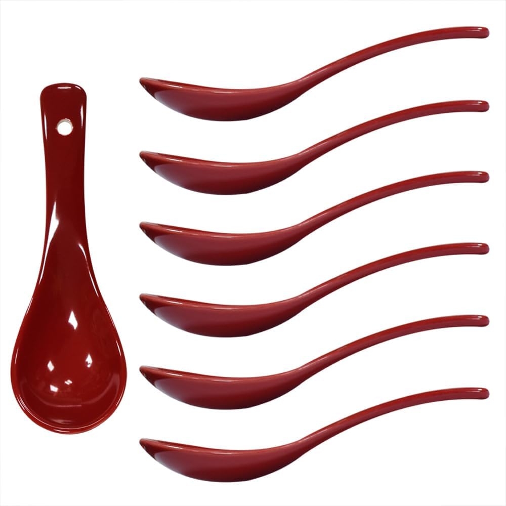 Dark Red 6 pcs Porcelain Soup Spoon Round-Bottom Asia Ceramic Rice Spoons Chinese Won Ton Spoons for Home Kitchen Restaurant