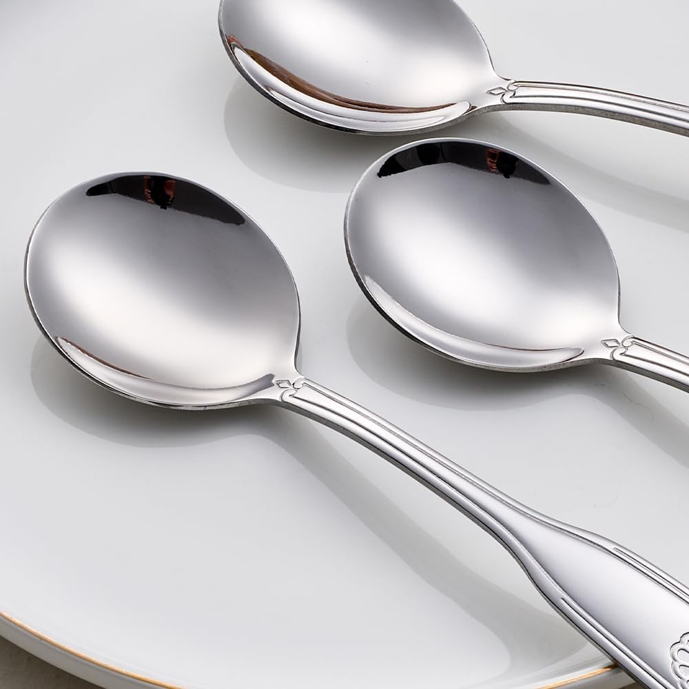 12-Piece Soup Spoon Set  6.4-Inch Stainless Steel Round Spoons Dessert Spoons  Shell Pattern Teaspoons  Mirror Polished spoons silverware  Dishwasher Safe