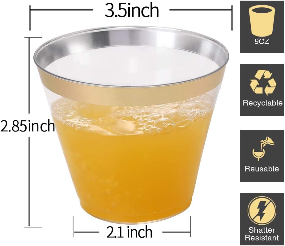 I00000 200 Pack Gold Plastic Cups  9 Oz Elegant Clear Plastic Cups Gold Rimmed Disposable Wine Glasses Fancy Disposable Party Cup Wedding Cup Drinking Tumblers Cocktail Glasses Perfect for Party