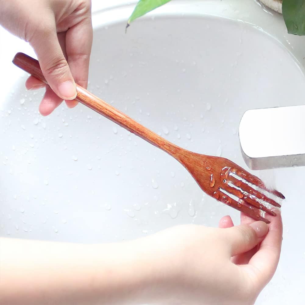 Forks Wooden Forks  AOOSY 6 Pieces Eco-friendly Japanese Wood Salad Dinner Forks Wooden Forks Set Reusable Handmade Natural Wood Flatware Set for Cooking Stirring Eating