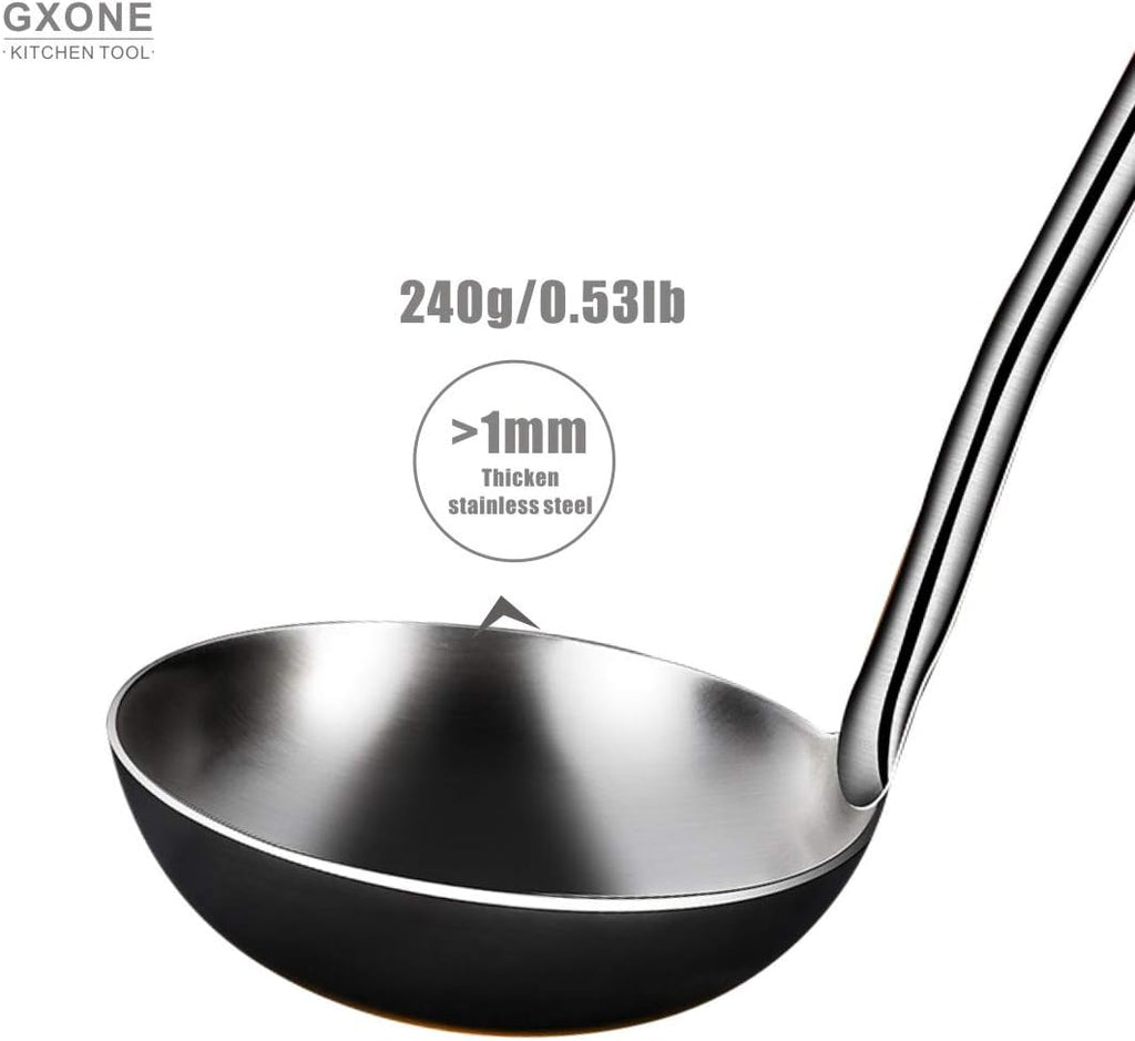 Soup Ladle 304 Stainless Steel Cooking Ladle Spoon Wok Tools with Long Wooden Handle Heat Resistant Silver/14.6Inch