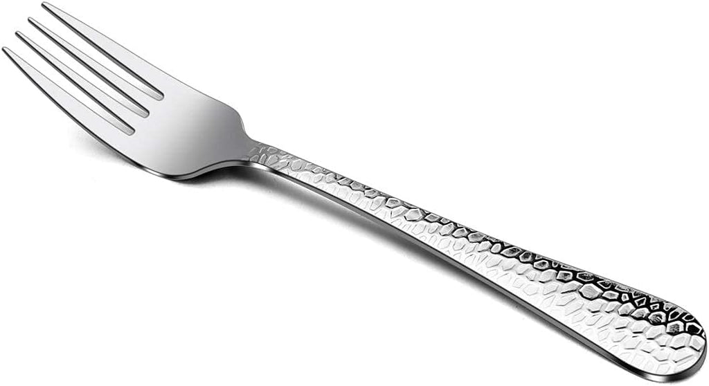 Hammered Salad Forks Set of 6  E-far Stainless Steel Appetizer Dessert Forks  Silverware Flatware Small Forks  Mirror Finish  Dishwasher Safe - 6.7 Inches