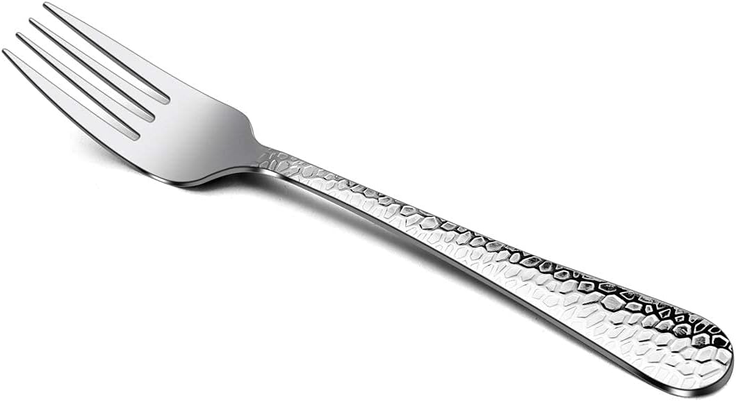 Hammered Salad Forks Set of 6  E-far Stainless Steel Appetizer Dessert Forks  Silverware Flatware Small Forks  Mirror Finish  Dishwasher Safe - 6.7 Inches