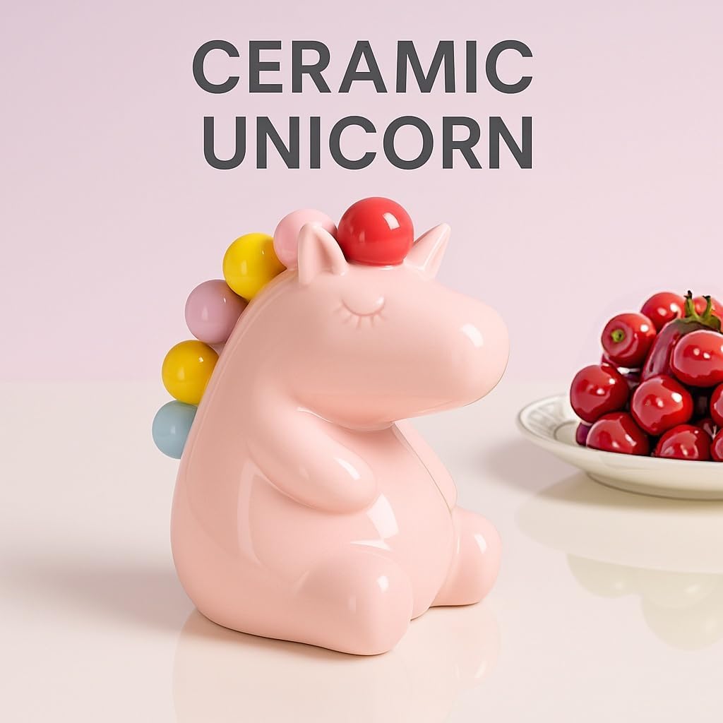 6 Stainless Fruit Fork with Holder Stainless Steel and Porcelain Pink Unicorn Holder Cute Cartoon Exterior Suitable for Fruit&Desserts&Salads 10 Centimeters/3.9 inches (White) (Black)