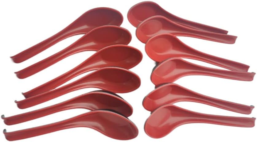 Plastic Large Soup Spoons with Long Handle  Red and Black Wonton Rice Spoons for Noodles Chinese Won Ton (12 Pack)