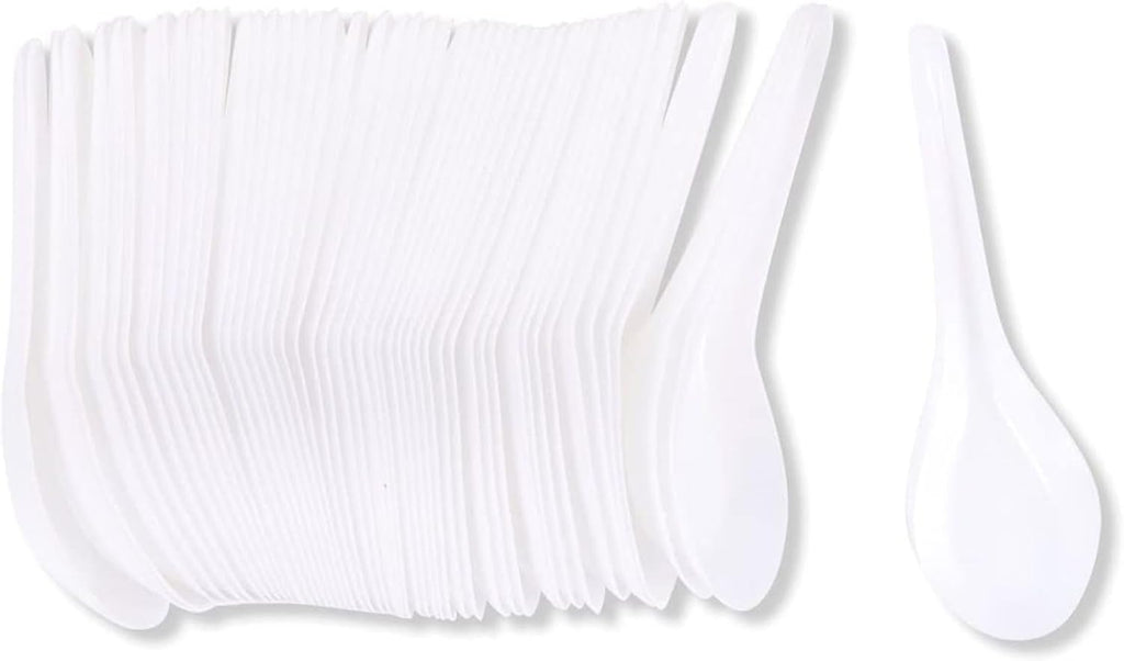 Juvale Disposable Soup Spoons - 50-Pack  White Plastic  5.4-Inch - Deep Asian Soup Spoon for Ramen  Pho & Miso