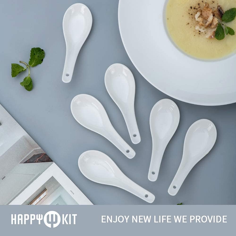 Soup Spoons Set of 6  Asian Ceramic Soup Spoons 5.3" Ramen Spoons Proper for Corelle Pho Miso Wonton Ramen Dumpling Macaron Dishwasher & Oven Safe