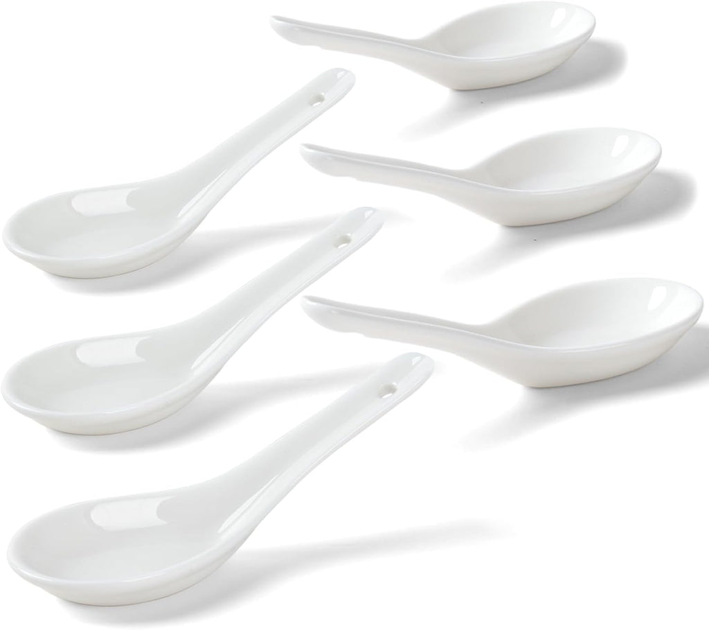 Soup Spoons Set of 6  Asian Ceramic Soup Spoons 5.3" Ramen Spoons Proper for Corelle Pho Miso Wonton Ramen Dumpling Macaron Dishwasher & Oven Safe