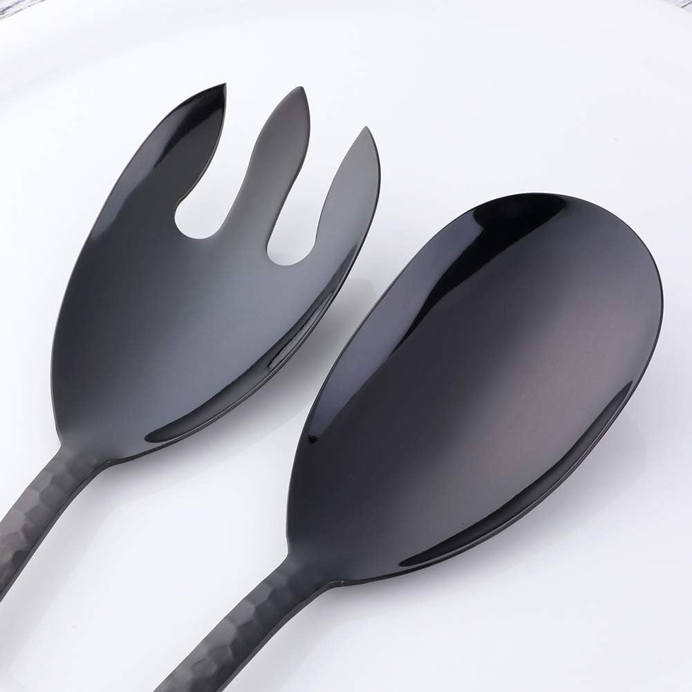 Salad Spoon and Fork Set  12 Inch Stainless Steel Salad Server  Black Serving Utensils  Dishwasher Safe  Pack of 2