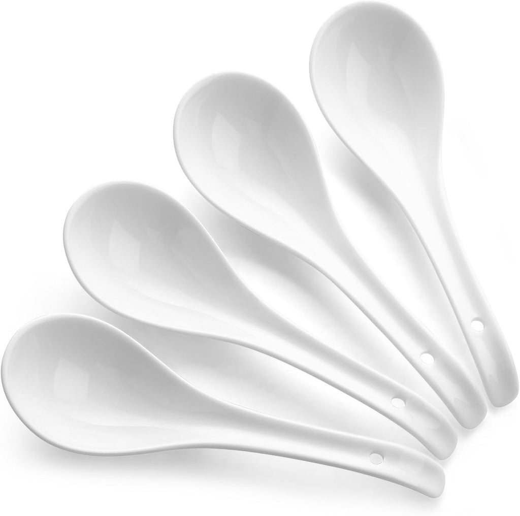 DOWAN Soup Spoons  Ceramic Asian Soup Spoons  White Japanese Spoon Large for Ramen Pho Wonton Dumpling Miso  Deep Oval Hook Design  Set of 4 (4  Soft white)