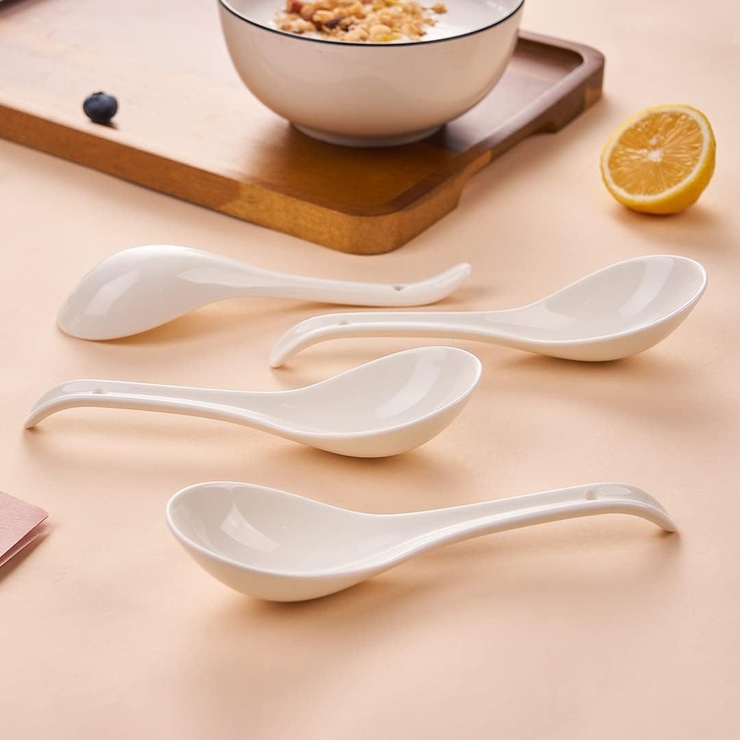 Asian Soup Spoons Set of 4  Ramen Spoons  Ceramic Spoons 6.6" Chinese/Japanese Soup Spoons for Pho  Cereal - Deep Oval Hook Design
