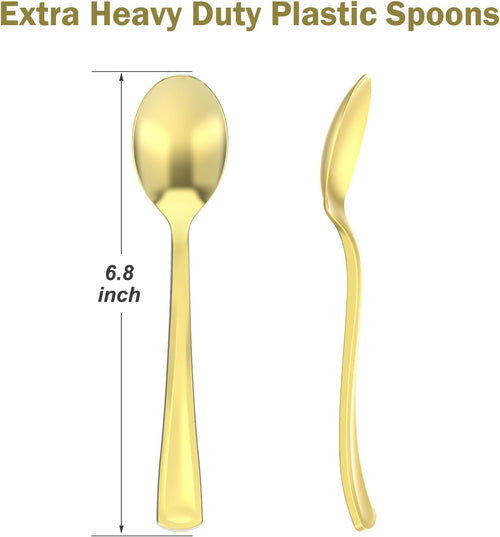 100 Count Heavy Duty Gold Plastic Spoons Disposable  BPA-Free  Heat Resistant  Solid and Durable Premium Plastic Disposable Spoons for Party Supply