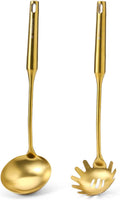 Gold Soup Ladle and Spaghetti Spoon Set - 18/10 Stainless Steel Soup Spoon，Pasta Strainer  13.8" Kitchen Utensils for Cooking，Stirring  Serving Pasta  Soup & Sauce  Christmas Gifts