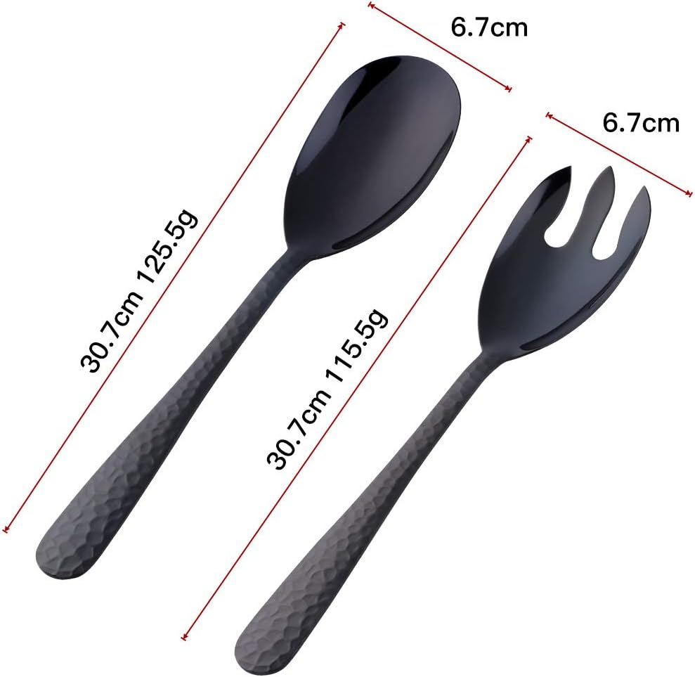 Salad Spoon and Fork Set  12 Inch Stainless Steel Salad Server  Black Serving Utensils  Dishwasher Safe  Pack of 2