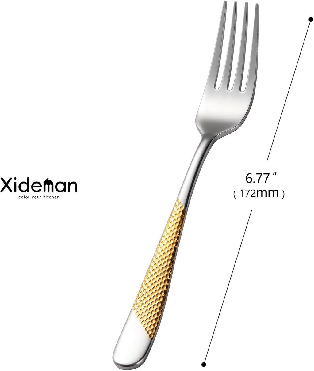 Xideman® 12-Piece Premium Hammered Salad Forks Set (6.7 inch)  18/10 Stainless Steel Forks Silverware  Mirror Polished Dessert Forks for Home  Kitchen  Restaurant  Dishwasher Safe (Silver Gold)