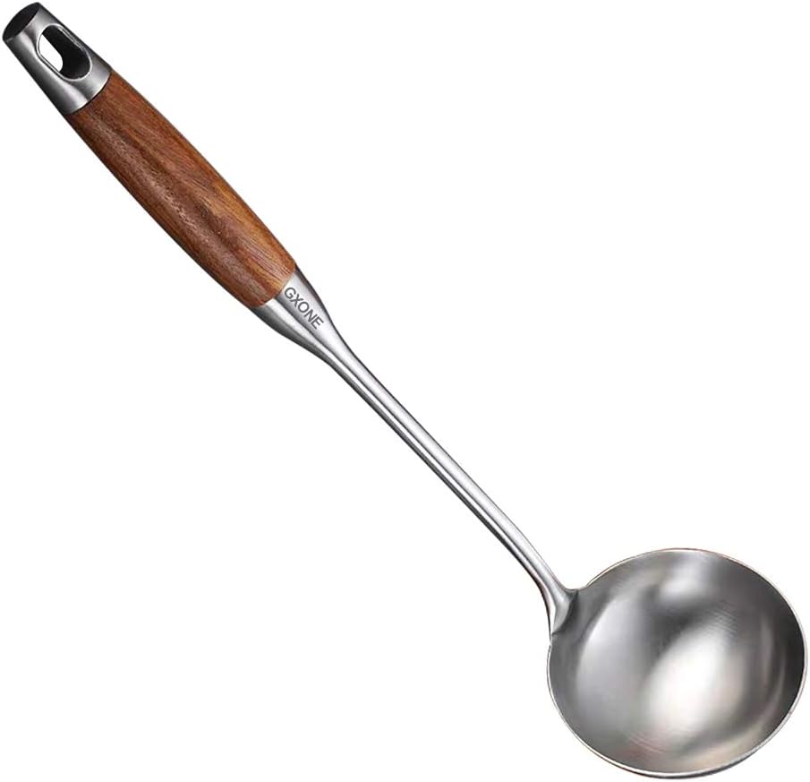 Soup Ladle 304 Stainless Steel Cooking Ladle Spoon Wok Tools with Long Wooden Handle Heat Resistant Silver/14.6Inch