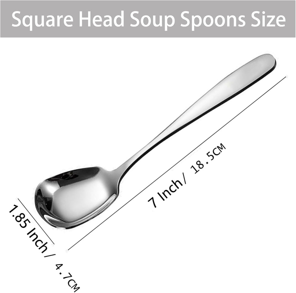 Square Head Soup Spoons  Korean Style Thick Heavy Square Dessert Spoon Long Handled Stainless Steel Soup Spoons Table Spoons Flat Square Spoon Set of 4 7 Inches.