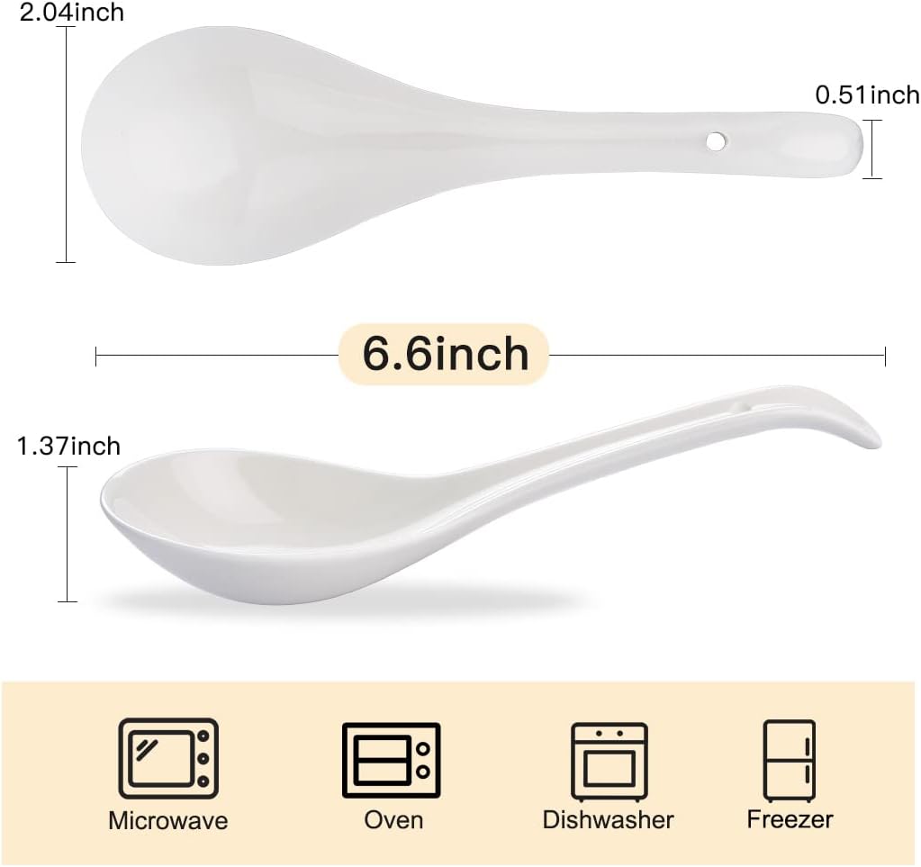 Asian Soup Spoons Set of 4  Ramen Spoons  Ceramic Spoons 6.6" Chinese/Japanese Soup Spoons for Pho  Cereal - Deep Oval Hook Design
