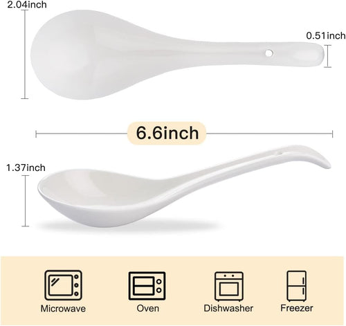 Asian Soup Spoons Set of 4  Ramen Spoons  Ceramic Spoons 6.6" Chinese/Japanese Soup Spoons for Pho  Cereal - Deep Oval Hook Design