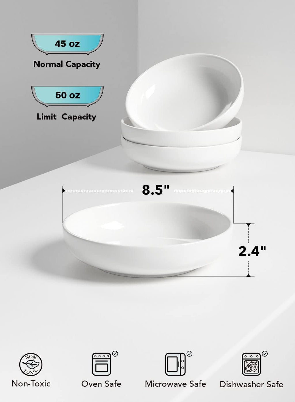 LE TAUCI Pasta Bowls 45 oz  Salad Bowls Set for Serving Soup  Pasta  Noodle  Dinner  Large Kitchen Bowl Plates  Microwave Safe - 8.5 Inch  Set of 4  White