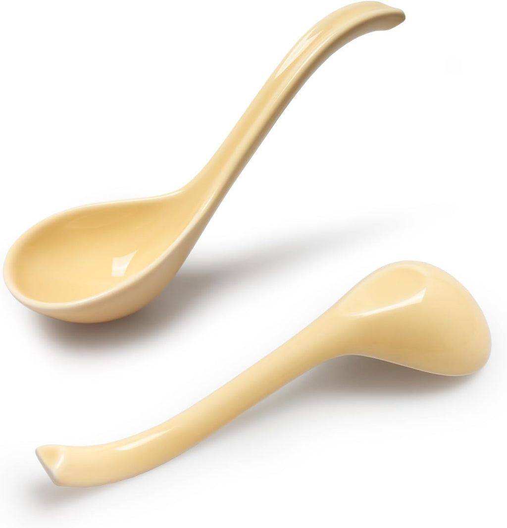 6.5 Inch Ceramic Asian Soup Spoons Easy to Hold Ramen Spoons Set of 4 Ceramic Chinese Spoon Set for Soup  Cereal  Pho  Noodles  Dumpling  Miso  Wonton  Dishwasher Safe (lemon-yellow)