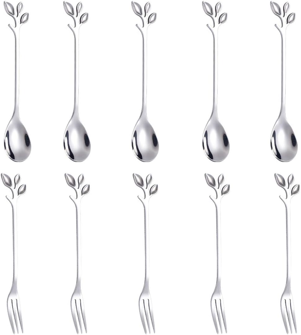 AnSaw 10-Pc Silver Mini Spoons & Forks Set  4.7" - Stainless Steel  Leaf Handle  Ideal for Coffee Tea  Appetizers  Tastings  Parties  Charcuterie & Cocktails
