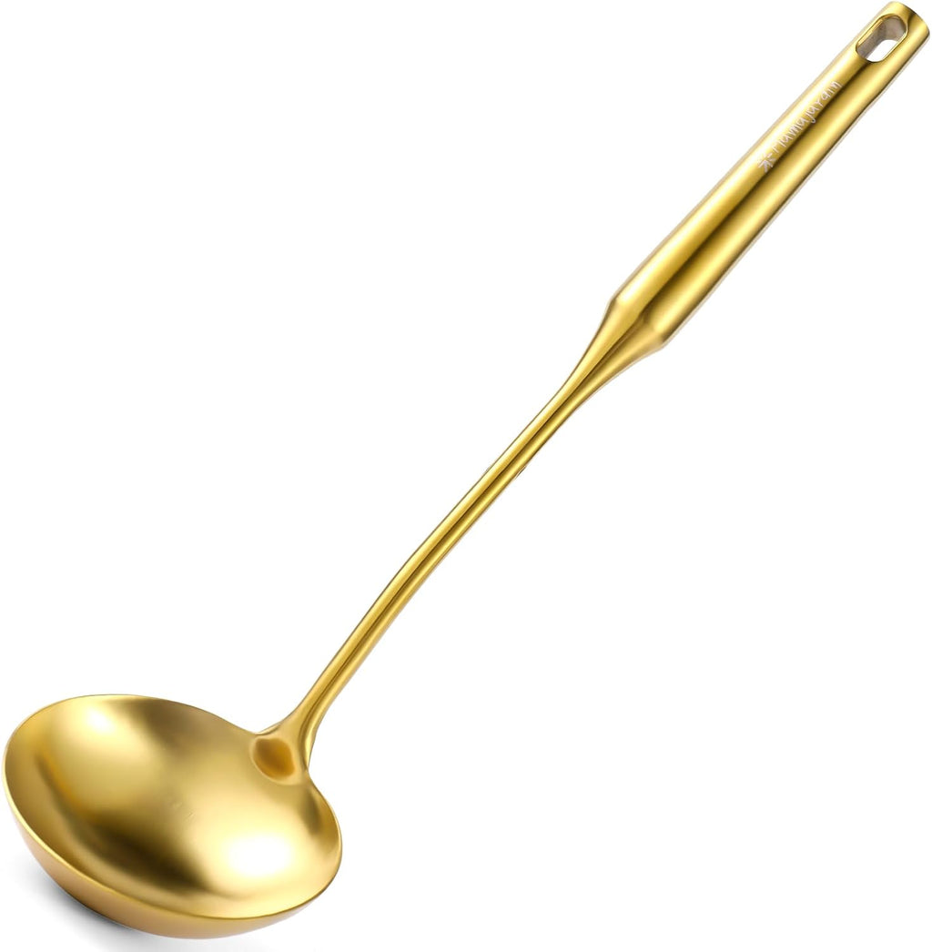 Gold Soup Ladle and Spaghetti Spoon Set - 18/10 Stainless Steel Soup Spoon，Pasta Strainer  13.8" Kitchen Utensils for Cooking，Stirring  Serving Pasta  Soup & Sauce  Christmas Gifts