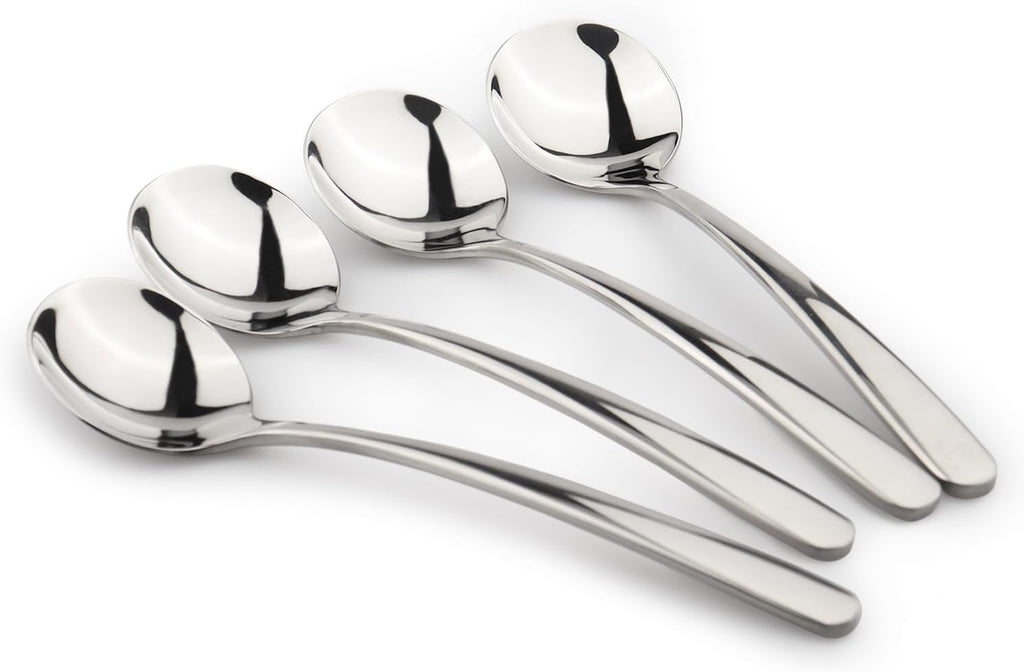 Korean Soup Spoon 18/10 Stainless Steel: Large Round Soup Spoons - 7 inch Long Handle Dinner Rice Soup Spoon Set for Home Kitchen Restaurant - 4 PCS