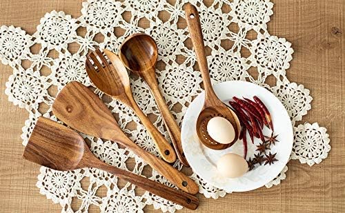 Wood Kitchen Utensils Set  5 PCs Natural Acacia Wooden Spoons For Cooking for Non-stick Skillet  Utensil set For Cooking With Soup Ladle and Wok Spatulas  Salad fork  Spurtles for Cooking