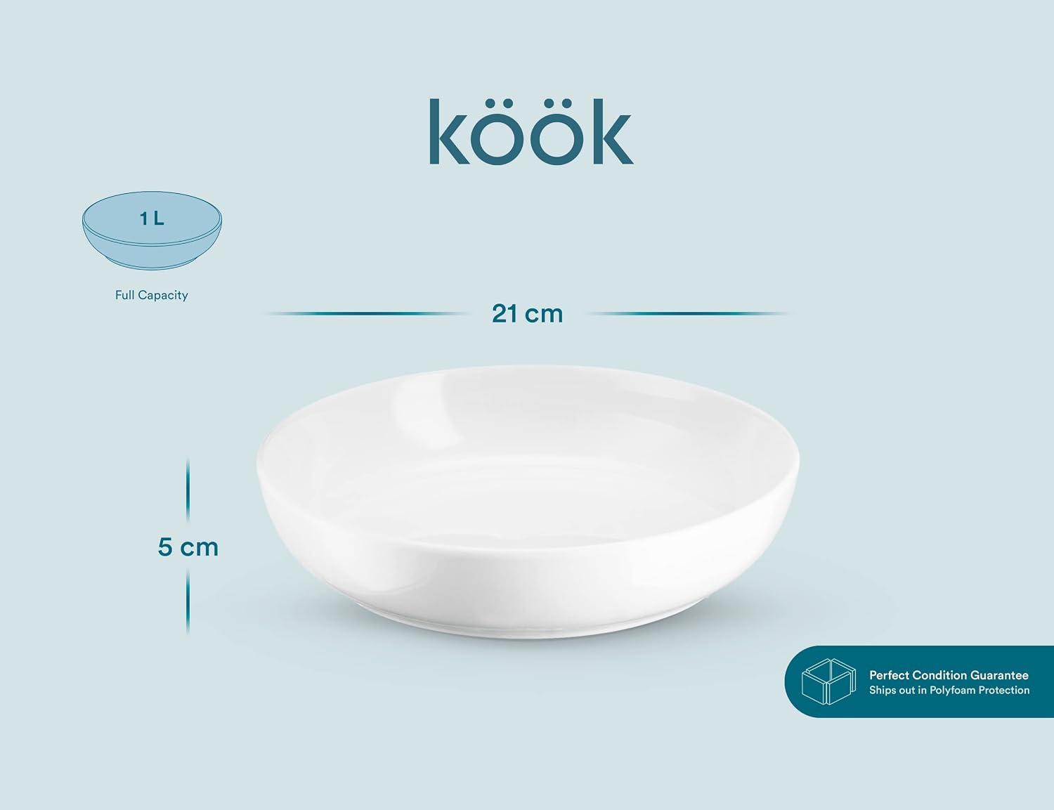 KooK Pasta Bowl  Salad Bowls  Bowls  Serving Bowls  Soup  Ceramic  Large Capacity  Microwave & Dishwasher Safe  Set of 4  40 Oz  (White)