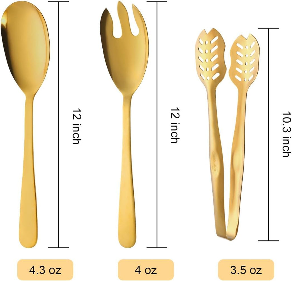 Salad Spoon and Fork Stainless Steel Tong Serving Set  Heavy Duty Smooth Finish Metal Serving Utensils Large Salad Servers for Home Kitchen Party Buffet Supply (Gold)