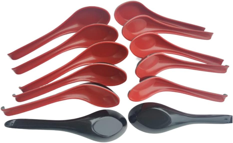 Plastic Large Soup Spoons with Long Handle  Red and Black Wonton Rice Spoons for Noodles Chinese Won Ton (12 Pack)