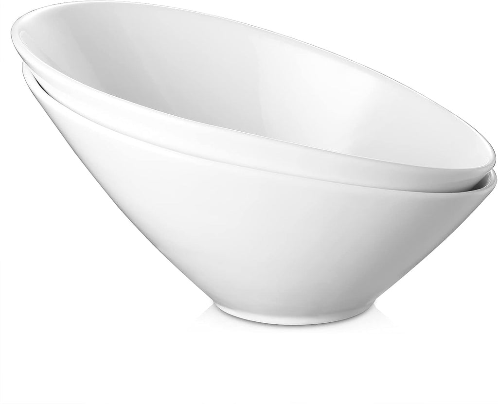DOWAN 23 OZ Slanted Salad Bowls of 2 Packs - 9.5" Angled Serving Bowls for Salad  Fruit  Snacks - Ceramic White Bowls for Restaurant  Daily Use - Dishwasher & Microwave Safe