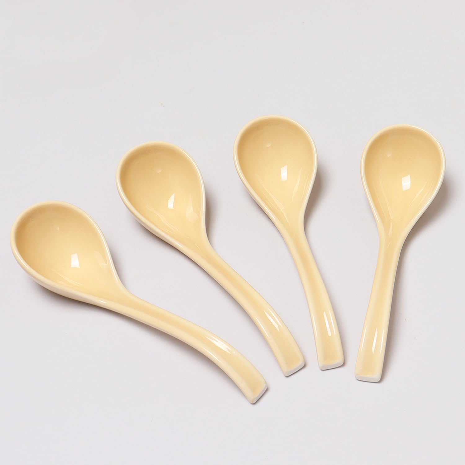6.5 Inch Ceramic Asian Soup Spoons Easy to Hold Ramen Spoons Set of 4 Ceramic Chinese Spoon Set for Soup  Cereal  Pho  Noodles  Dumpling  Miso  Wonton  Dishwasher Safe (lemon-yellow)