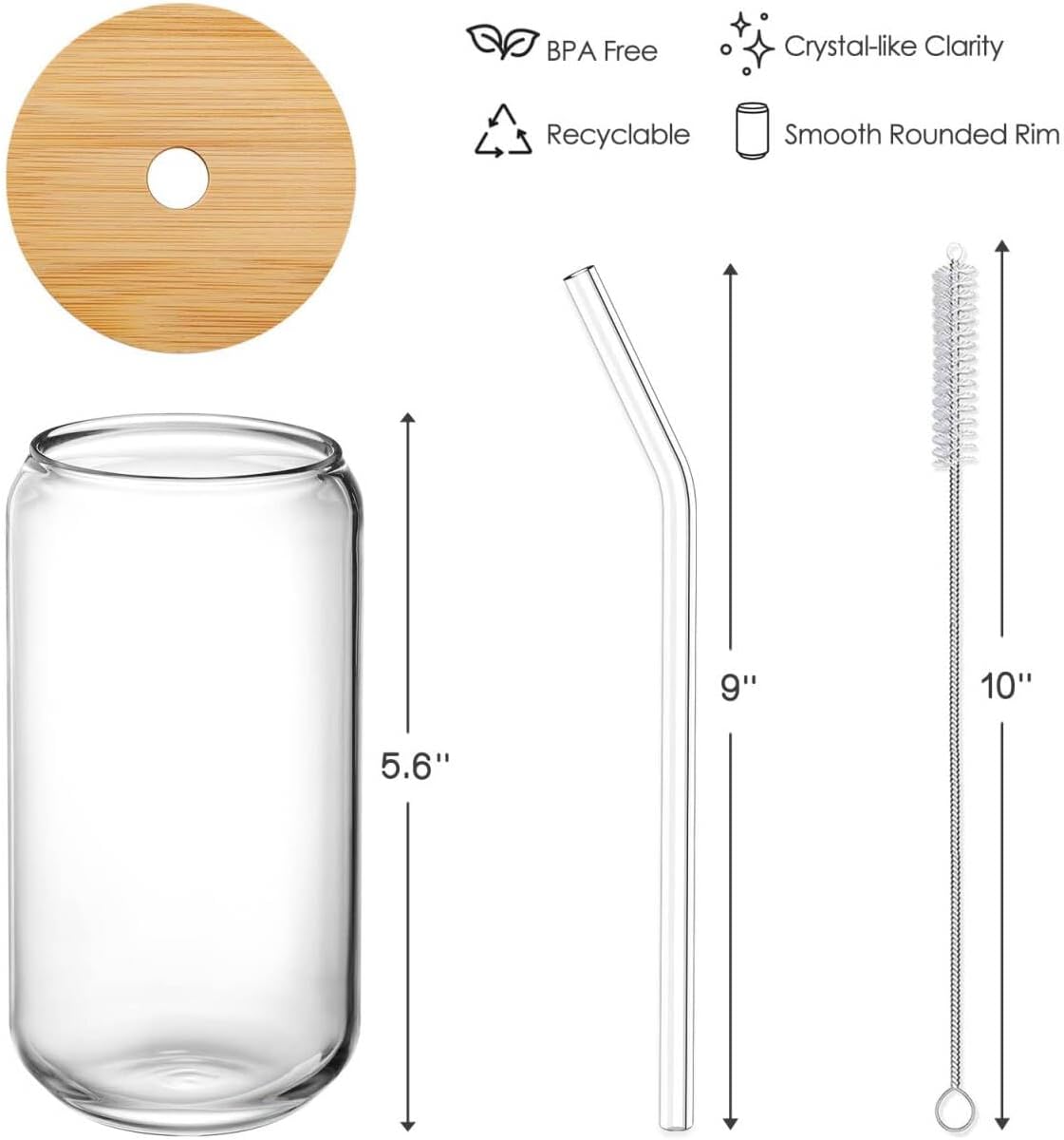 Drinking Glasses with Bamboo Lids and Glass Straw 4pcs Set - 16oz Glass Cups  Iced Coffee Glasses  Cute iced Tea Glasses  Beer Glasses  Ideal for Coffee Bar Accessories  Aesthetic Gift - 2 Brushes