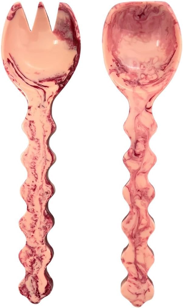 Vintage Style Salad Serving Spoon & Fork Set | Durable Lightweight Resin Utensils with Textured Handles | Elegant Retro Flatware for Kitchen  Dining  Entertaining & Gift Giving (Peach)
