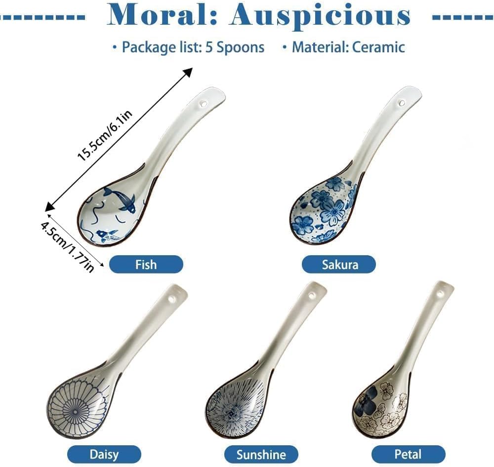 5pcs Asian Soup Spoon  Ceramic Chinese Soup Spoons  Deep Oval Hook Non-slip Japanese Spoons for Rice Ramen Pho Miso Soup Wonton Noodle  Luck and Prosperity Gifts for Friends Parents Family